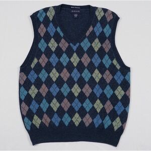 VTG Gant Argyle Sweater Vest Navy Blue Hand Intarsia Cotton V-Neck Men's Large